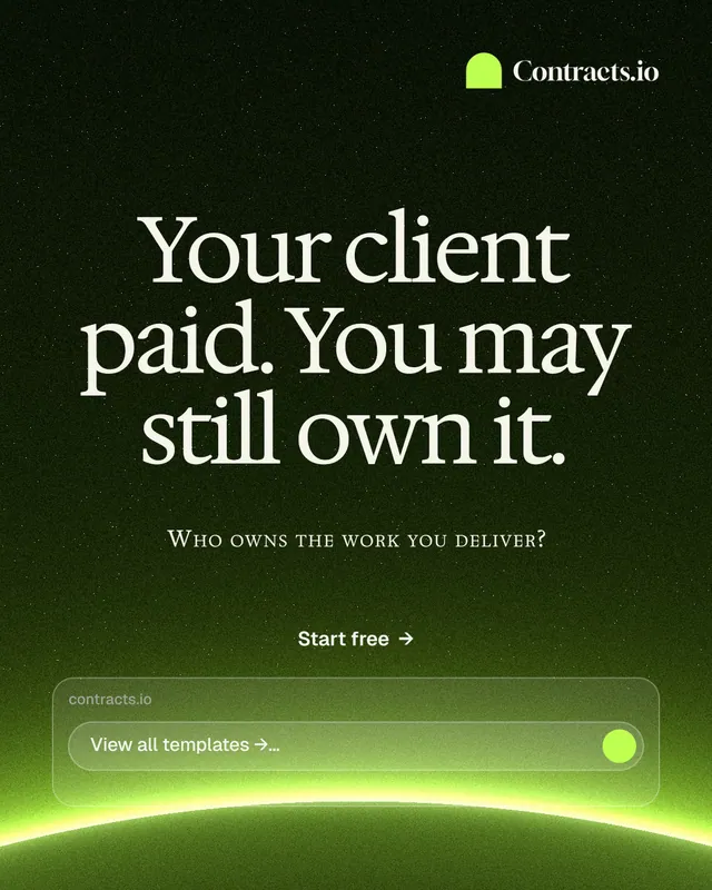 Instagram portrait post for contracts.io: "Your client paid. You may still own it." Swiss style, smallcaps layout, dark palette in green, black.