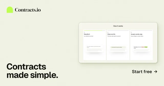 Social ad for contracts.io: "Contracts made simple." Swiss style, image led layout, light palette in white.