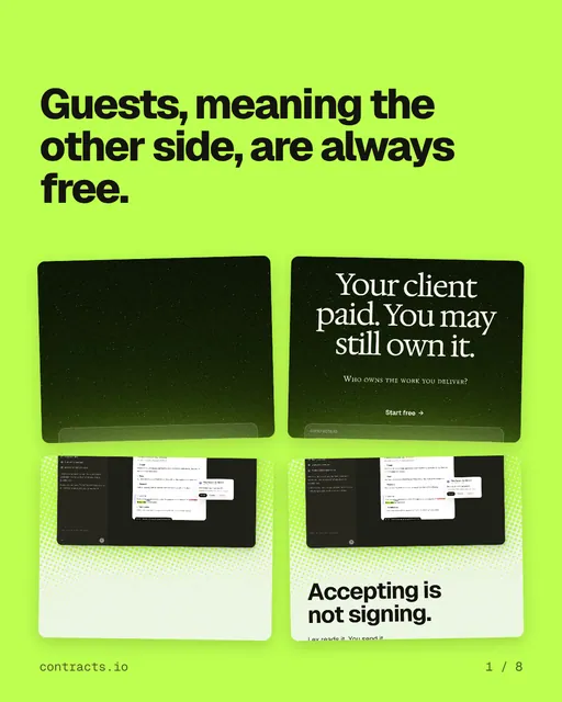 Carousel for contracts.io: "Guests, meaning the other side, are always free.". Collection carousel, 8 slides, light palette.