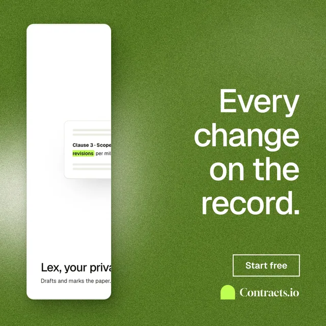 Instagram post for contracts.io: "Every change on the record." Cyanotype style, right layout, light palette in white, green.