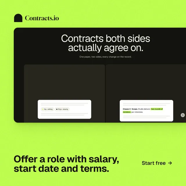 Instagram post for contracts.io: "Offer a role with salary, start date and terms." Swiss style, image led layout, light palette in green, black.