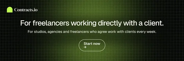 X header for contracts.io: "For freelancers working directly with a client." Phosphor atlas style, centred layout, dark palette in green, black.