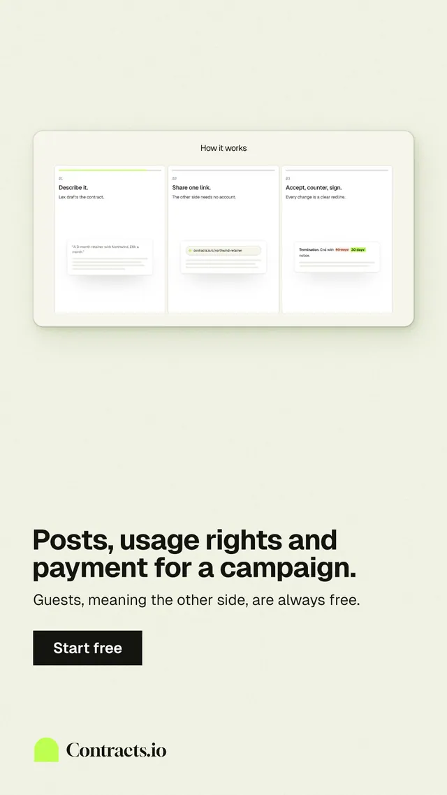 Instagram story for contracts.io: "Posts, usage rights and payment for a campaign." Swiss style, bottom layout, light palette in white.