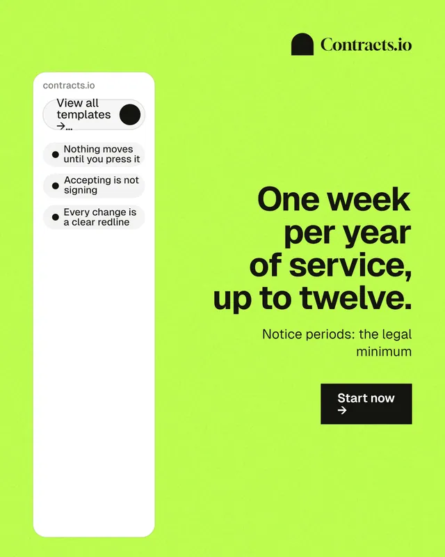 Instagram portrait post for contracts.io: "One week per year of service, up to twelve." Swiss style, right layout, light palette in green, white.