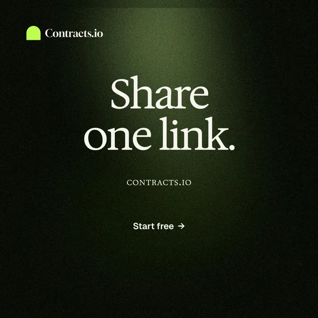 Instagram post for contracts.io: "Share one link." Dark deco style, smallcaps layout, dark palette in black, green.