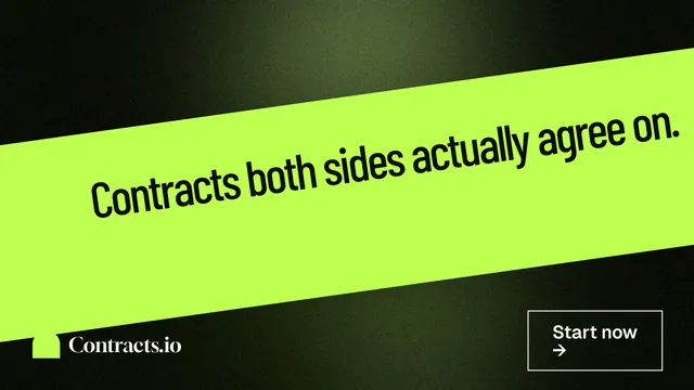 Landscape graphic for contracts.io: "Contracts both sides actually agree on." Dark deco style, diagonal layout, light palette in green, black.