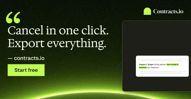 Social ad for contracts.io: "Cancel in one click. Export everything." Swiss style, quote layout, dark palette in black, green.