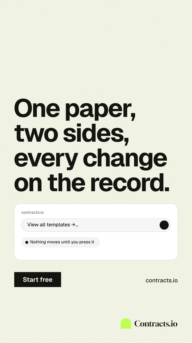 Instagram story for contracts.io: "One paper, two sides, every change on the record." Swiss style, poster layout, light palette in white, grey.