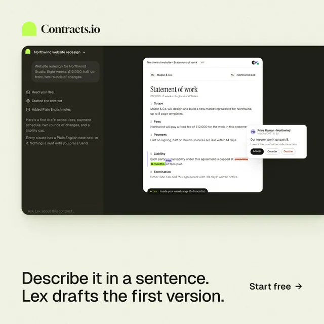 Instagram post for contracts.io: "Describe it in a sentence. Lex drafts the first version." Data card style, image led layout, light palette in green, black, white.