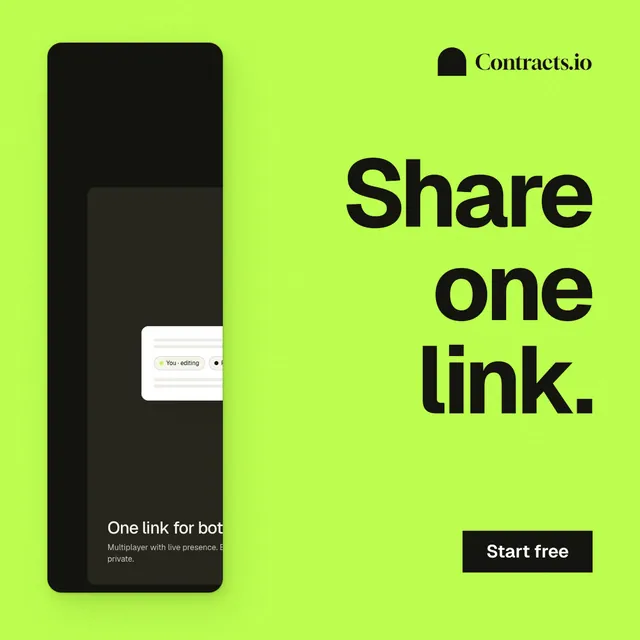 Instagram post for contracts.io: "Share one link." Swiss style, right layout, light palette in green, black.