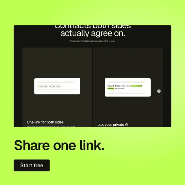 Video for contracts.io: "Share one link.". Doc motion loop, 6.0 s, light palette.