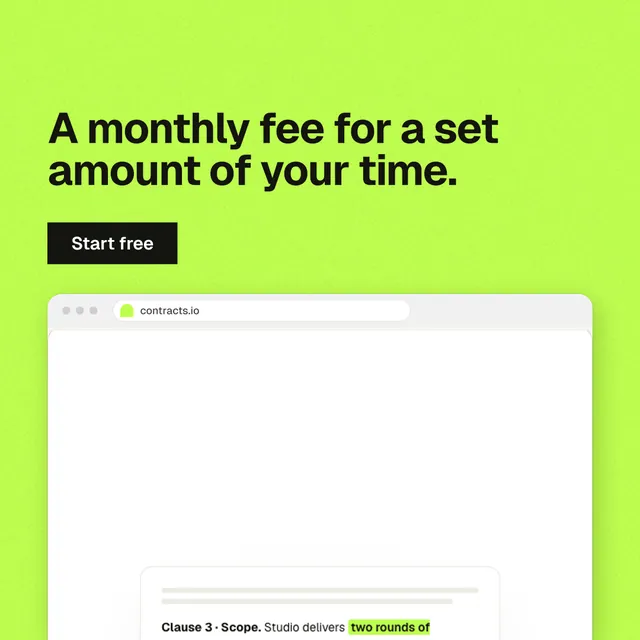 Instagram post for contracts.io: "A monthly fee for a set amount of your time." Swiss style, browser layout, light palette in green, white.