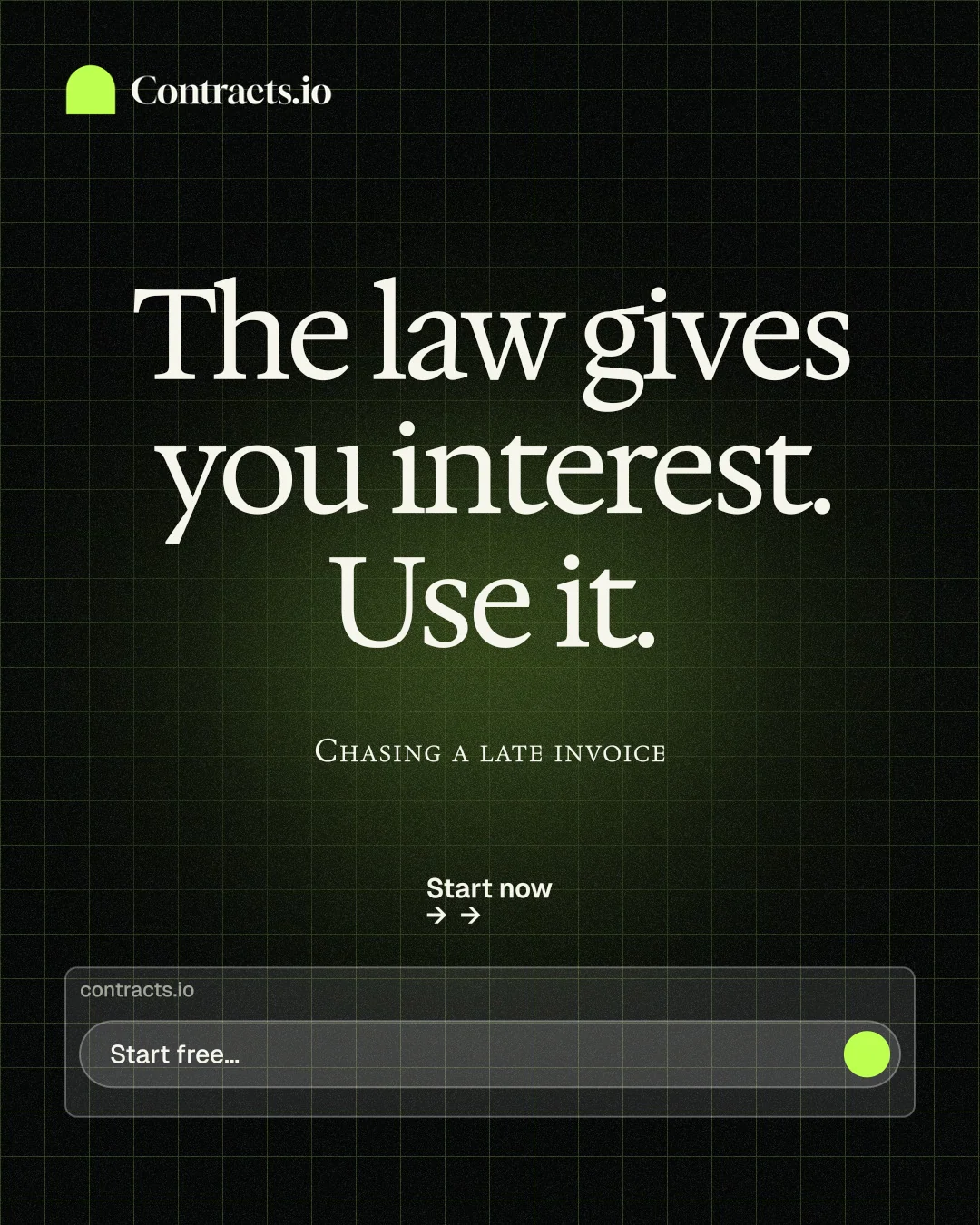 Instagram portrait post for contracts.io: "The law gives you interest. Use it." Phosphor atlas style, smallcaps layout, dark palette in black, grey.