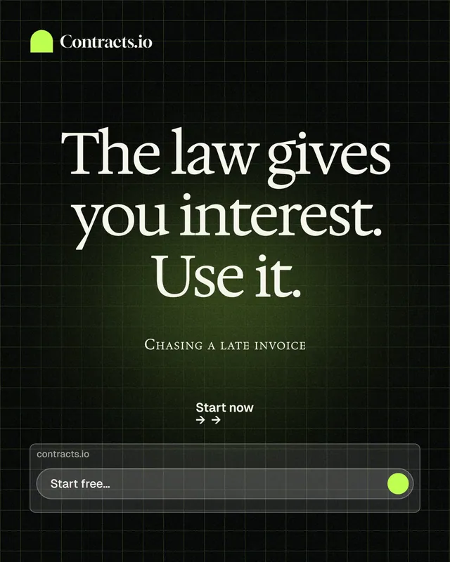 Instagram portrait post for contracts.io: "The law gives you interest. Use it." Phosphor atlas style, smallcaps layout, dark palette in black, grey.