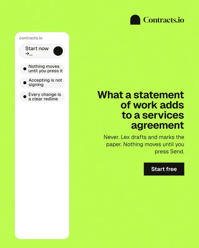Instagram portrait post for contracts.io: "What a statement of work adds to a services agreement". Swiss style, right layout, light palette in green, white.