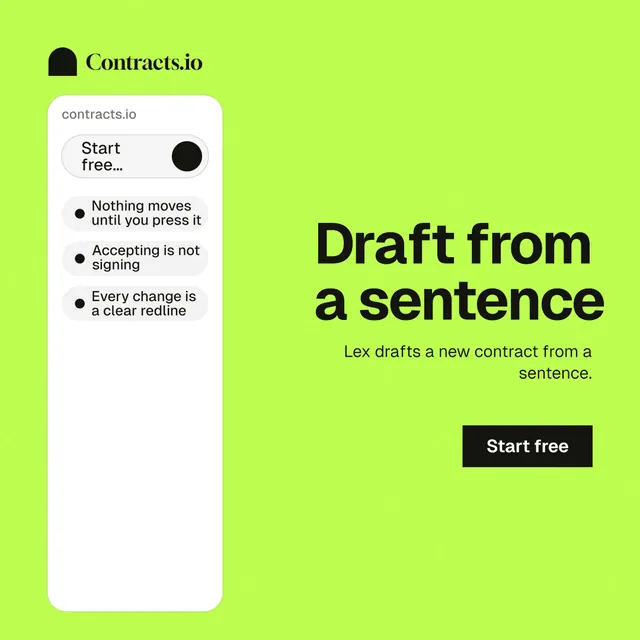Instagram post for contracts.io: "Draft from a sentence". Swiss style, right layout, light palette in green, white.