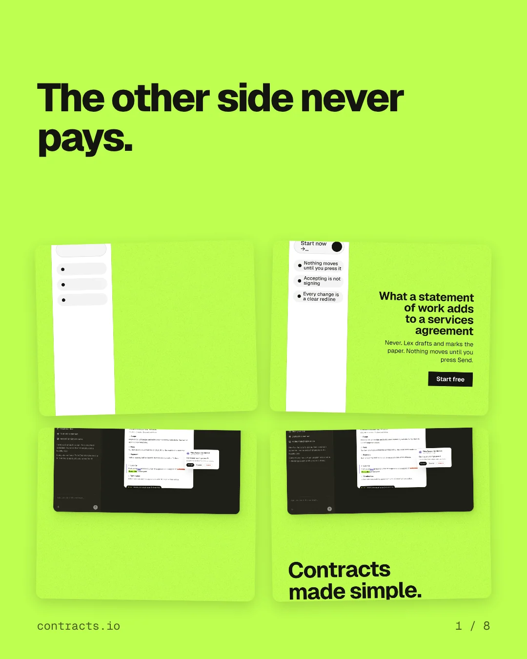 Carousel for contracts.io: "The other side never pays.". Collection carousel, 8 slides, light palette.