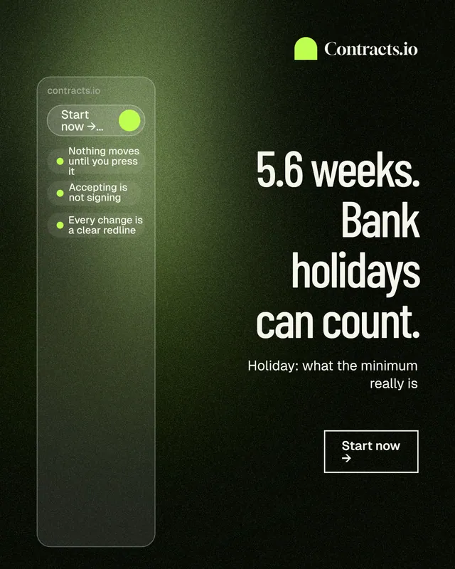 Instagram portrait post for contracts.io: "5.6 weeks. Bank holidays can count." Dark deco style, right layout, dark palette in green, black, grey.