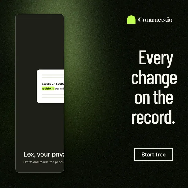 Instagram post for contracts.io: "Every change on the record." Dark deco style, right layout, dark palette in black, grey.
