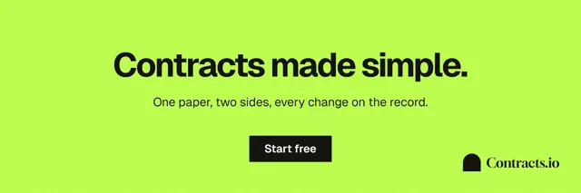 X header for contracts.io: "Contracts made simple." Swiss style, centred layout, light palette in green.