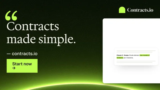 Landscape graphic for contracts.io: "Contracts made simple." Swiss style, quote layout, dark palette in black, white, green.