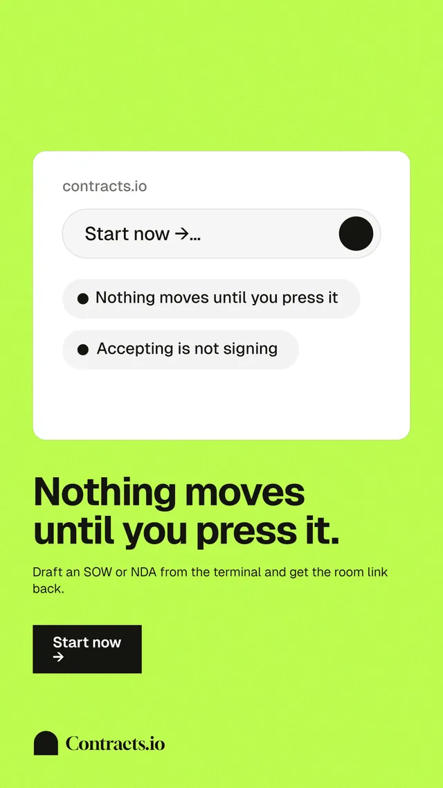 Instagram story for contracts.io: "Nothing moves until you press it." Swiss style, bottom layout, light palette in white, green.