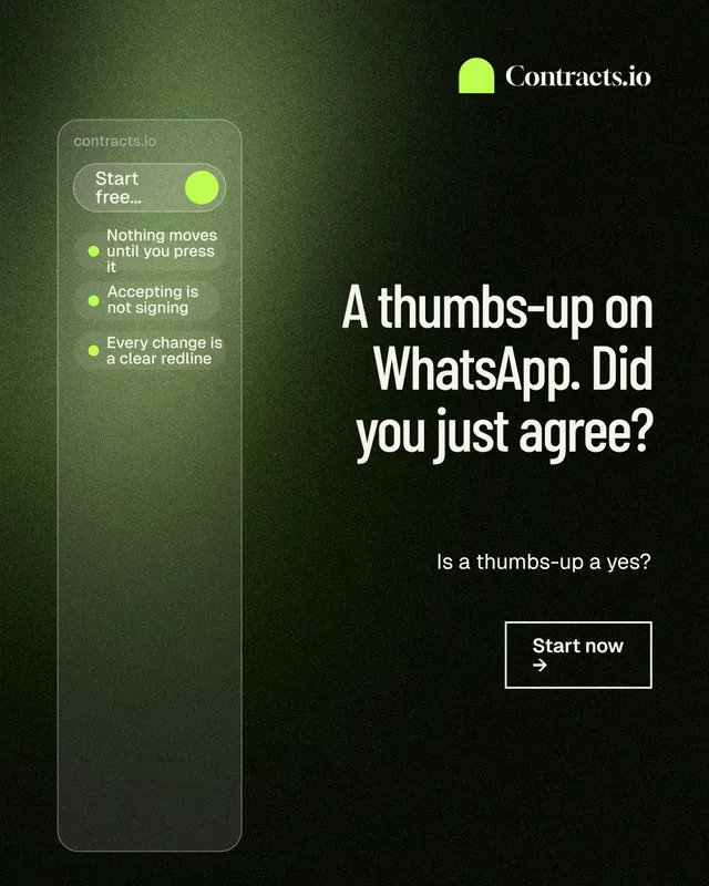 Instagram portrait post for contracts.io: "A thumbs-up on WhatsApp. Did you just agree?" Dark deco style, right layout, dark palette in black, green, grey.