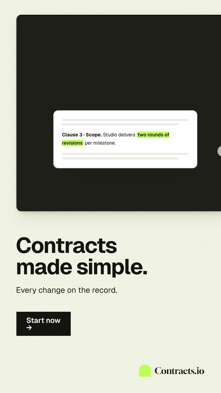 Instagram story for contracts.io: "Contracts made simple." Swiss style, bottom layout, light palette in white, black, green.