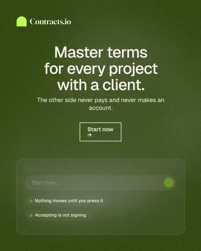 Instagram portrait post for contracts.io: "Master terms for every project with a client." Cyanotype style, centred layout, dark palette in green, grey.