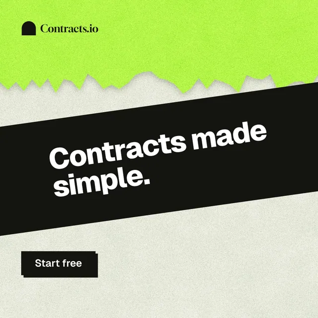 Instagram post for contracts.io: "Contracts made simple." Paper trio style, diagonal layout, light palette in green, black, grey.