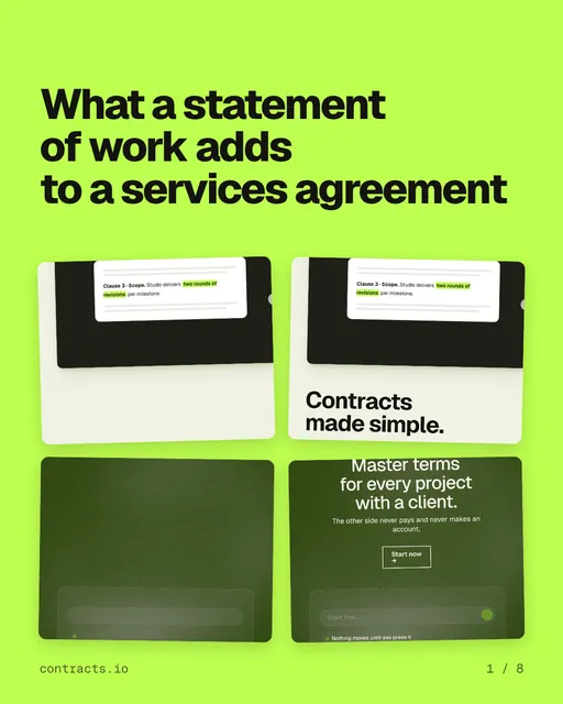 Carousel for contracts.io: "What a statement of work adds to a services agreement". Collection carousel, 8 slides, light palette.