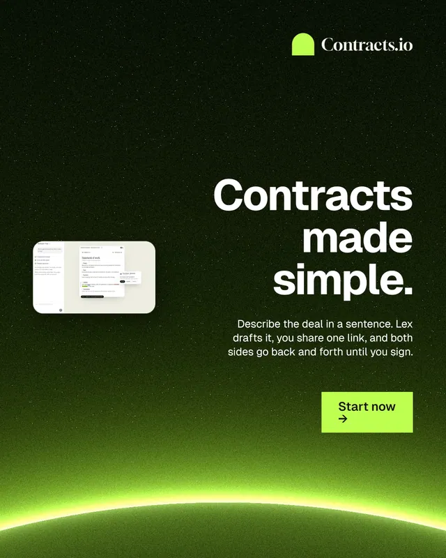 Instagram portrait post for contracts.io: "Contracts made simple." Swiss style, right layout, dark palette in green, black.