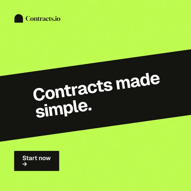 Instagram post for contracts.io: "Contracts made simple." Swiss style, diagonal layout, light palette in green.
