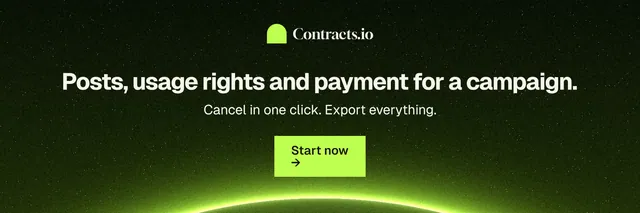 X header for contracts.io: "Posts, usage rights and payment for a campaign." Swiss style, centred layout, dark palette in black, green.