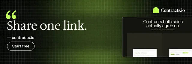 X header for contracts.io: "Share one link." Phosphor atlas style, quote layout, dark palette in green, black.