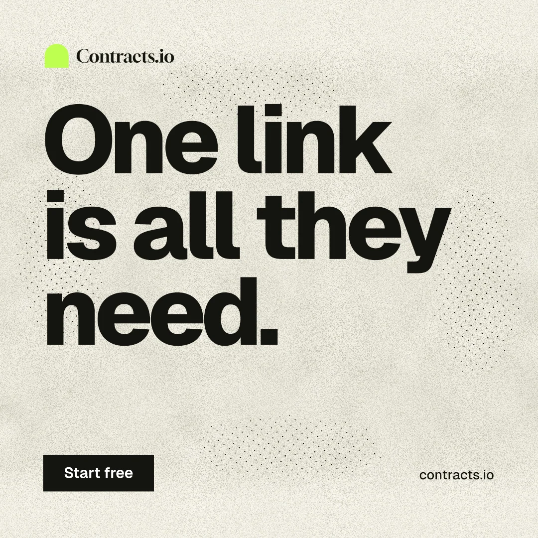 Instagram post for contracts.io: "One link is all they need." Ink sticker style, poster layout, light palette in yellow, grey.