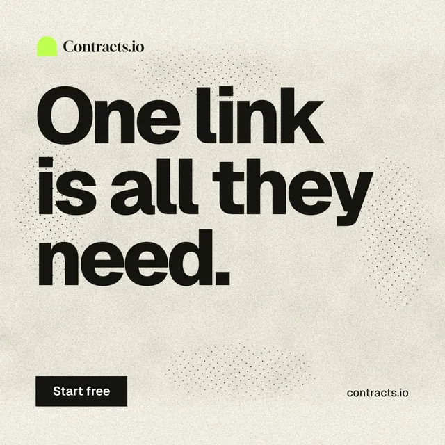 Instagram post for contracts.io: "One link is all they need." Ink sticker style, poster layout, light palette in yellow, grey.