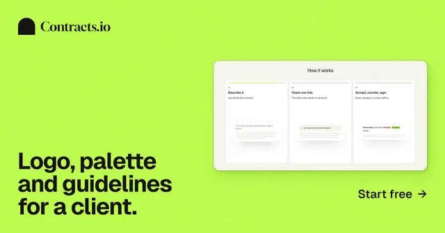 Social ad for contracts.io: "Logo, palette and guidelines for a client." Swiss style, image led layout, light palette in green.