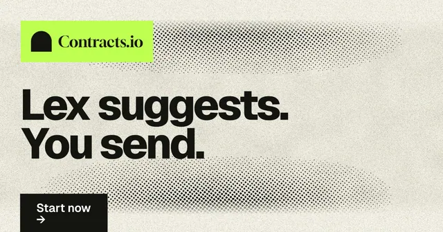 Social ad for contracts.io: "Lex suggests. You send." Ink sticker style, announce layout, light palette in yellow, white, grey.