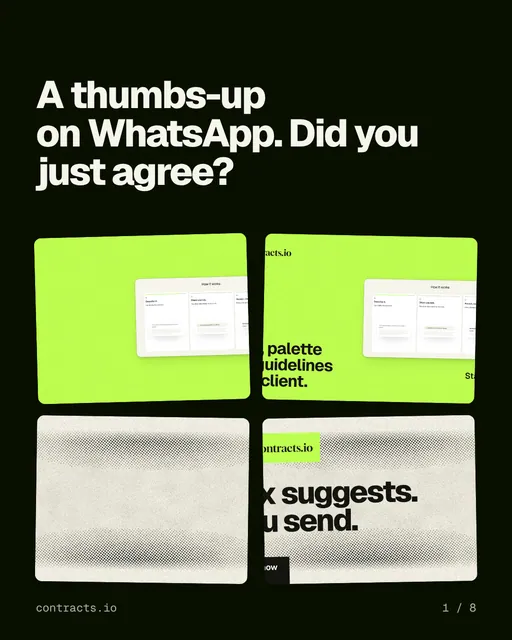 Carousel for contracts.io: "A thumbs-up on WhatsApp. Did you just agree?". Collection carousel, 8 slides, dark palette.