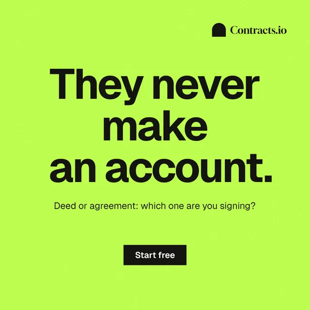 Instagram post for contracts.io: "They never make an account." Swiss style, centred layout, light palette in green.