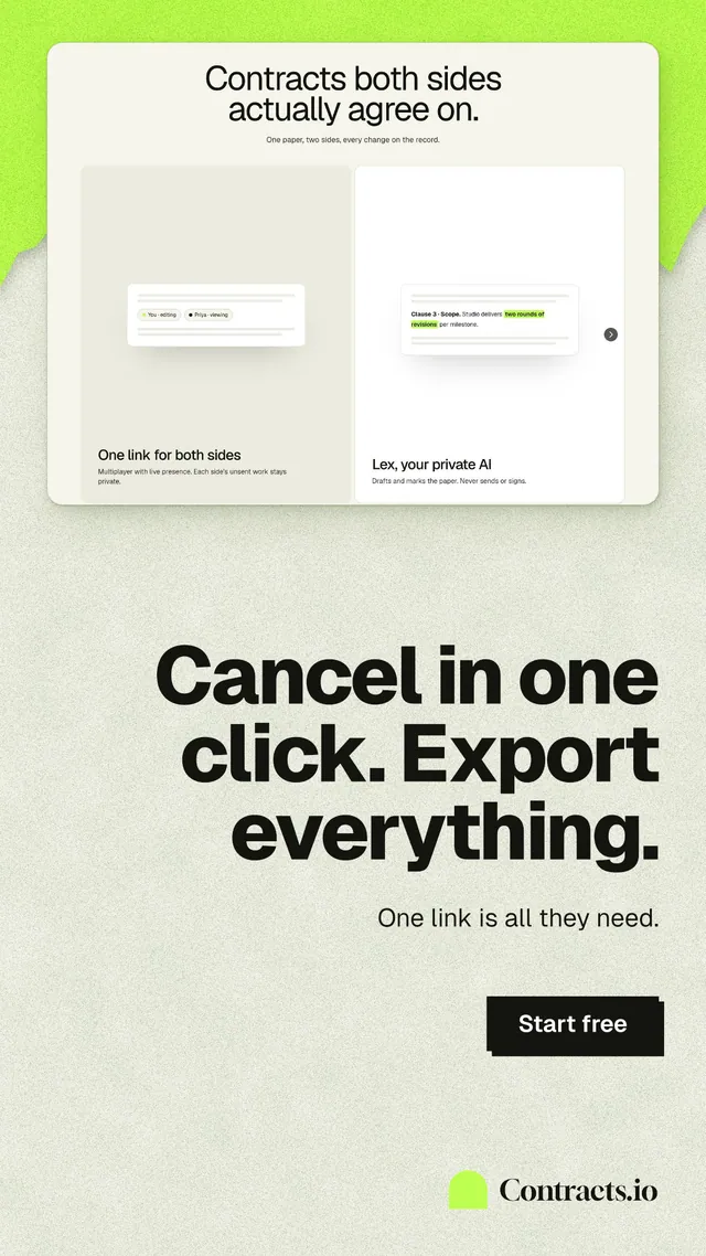 Instagram story for contracts.io: "Cancel in one click. Export everything." Paper trio style, right layout, light palette in yellow, grey, white.