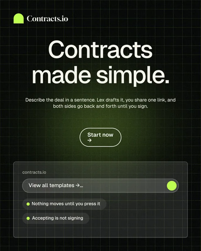Instagram portrait post for contracts.io: "Contracts made simple." Phosphor atlas style, centred layout, dark palette in black, grey.