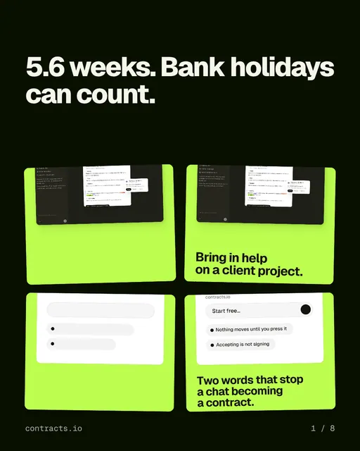 Carousel for contracts.io: "5.6 weeks. Bank holidays can count.". Collection carousel, 8 slides, dark palette.