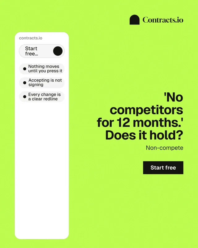 Instagram portrait post for contracts.io: "'No competitors for 12 months.' Does it hold?" Swiss style, right layout, light palette in green, white.