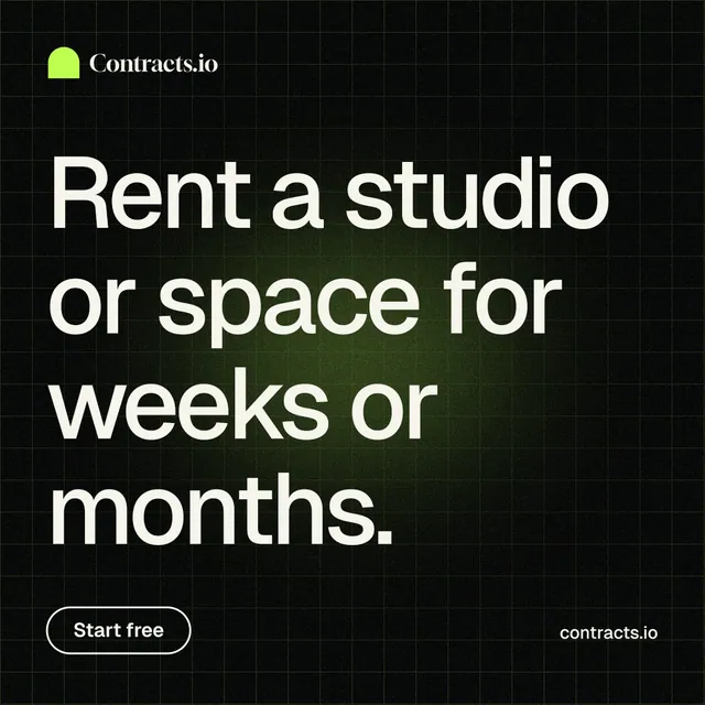 Instagram post for contracts.io: "Rent a studio or space for weeks or months." Phosphor atlas style, poster layout, dark palette in black, grey.