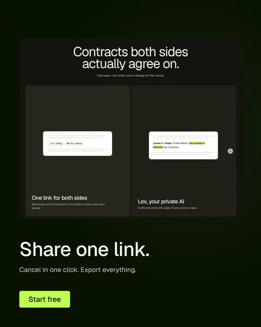Video for contracts.io: "Share one link.". Doc motion loop, 8.0 s, dark palette.