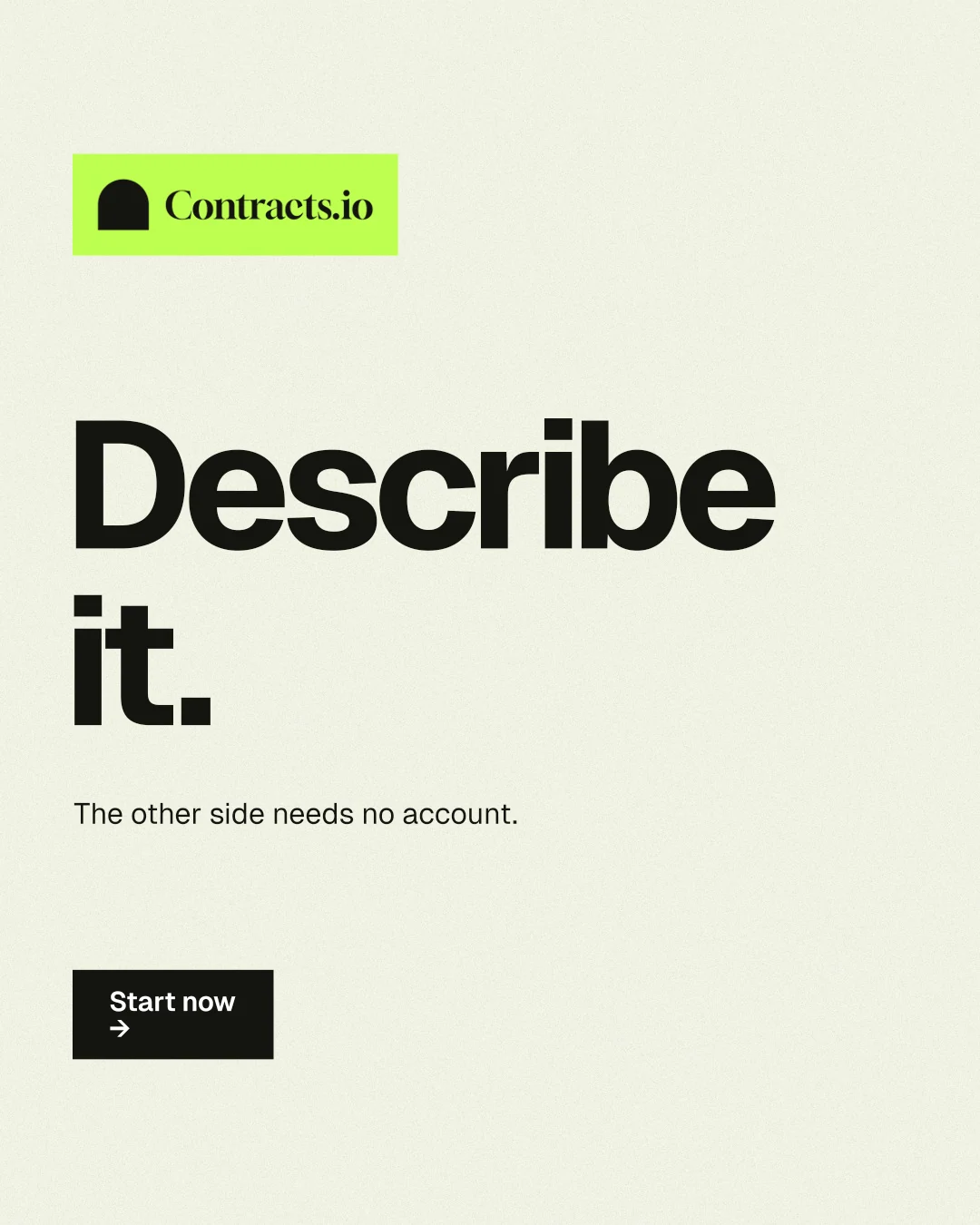 Instagram portrait post for contracts.io: "Describe it." Swiss style, announce layout, light palette in white, yellow, grey.