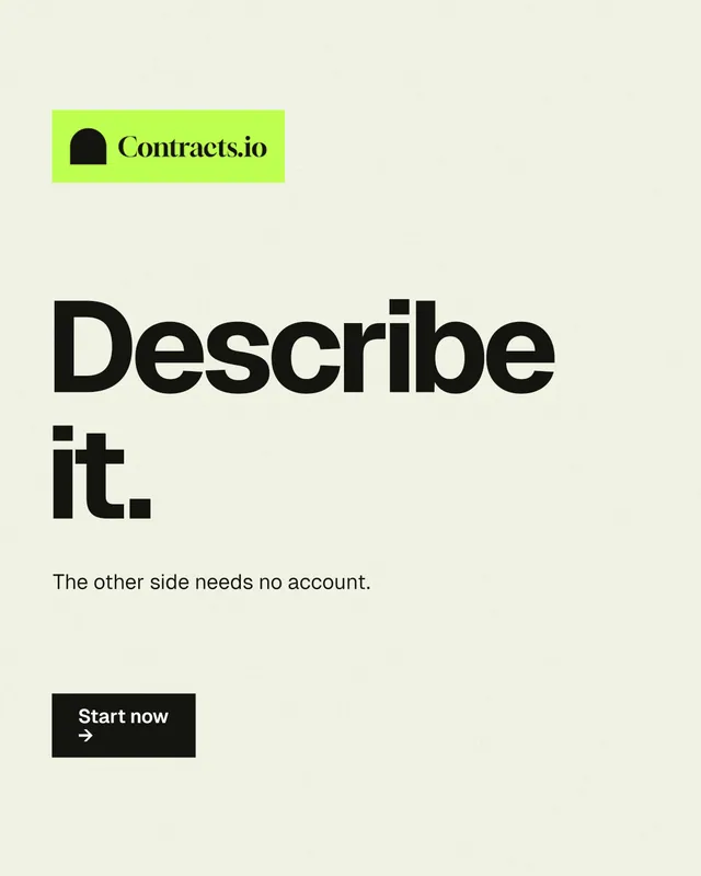 Instagram portrait post for contracts.io: "Describe it." Swiss style, announce layout, light palette in white, yellow, grey.
