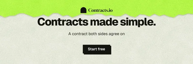 X header for contracts.io: "Contracts made simple." Paper trio style, centred layout, light palette in green, grey.